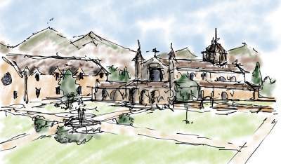 Watercolor sketch of academic and sacred campus layout